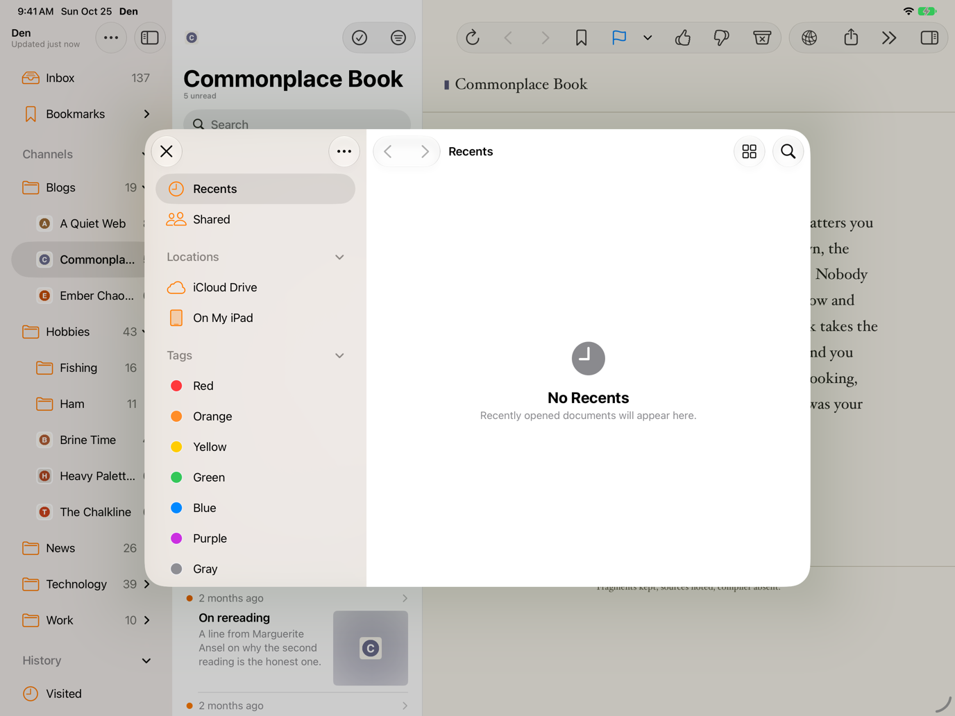 Files browser sheet for choosing an OPML file to import.