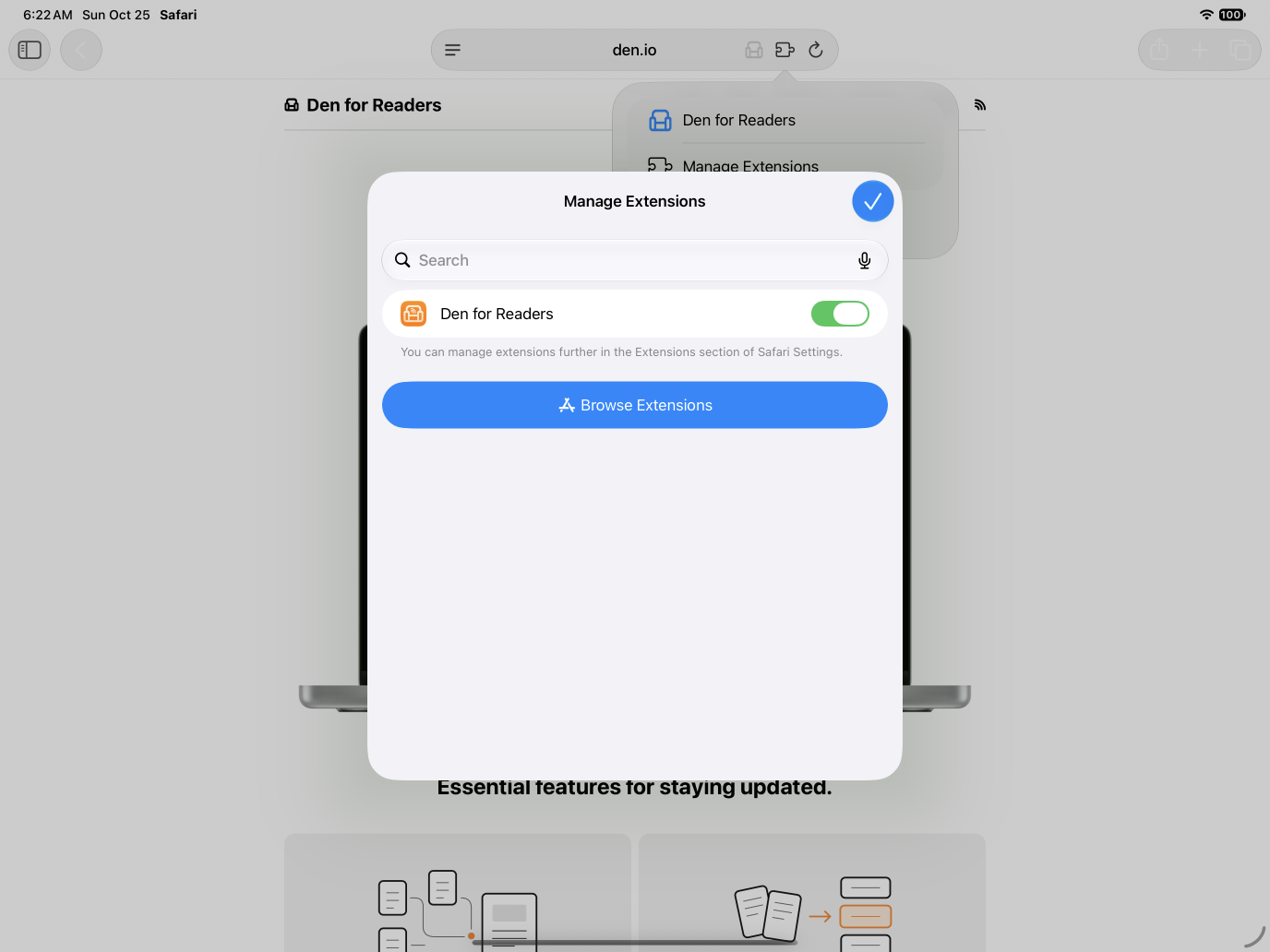 Safari extensions screen in the Settings app with Den for Readers turned on.