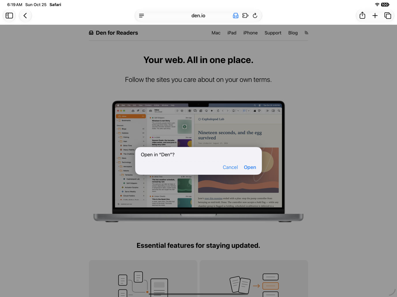 RSS link on a simulated webpage in Safari on iPad.