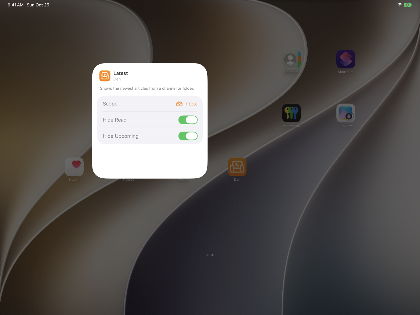 Latest widget configuration with Scope set to a channel folder and the Hide Read and Hide Upcoming toggles on.