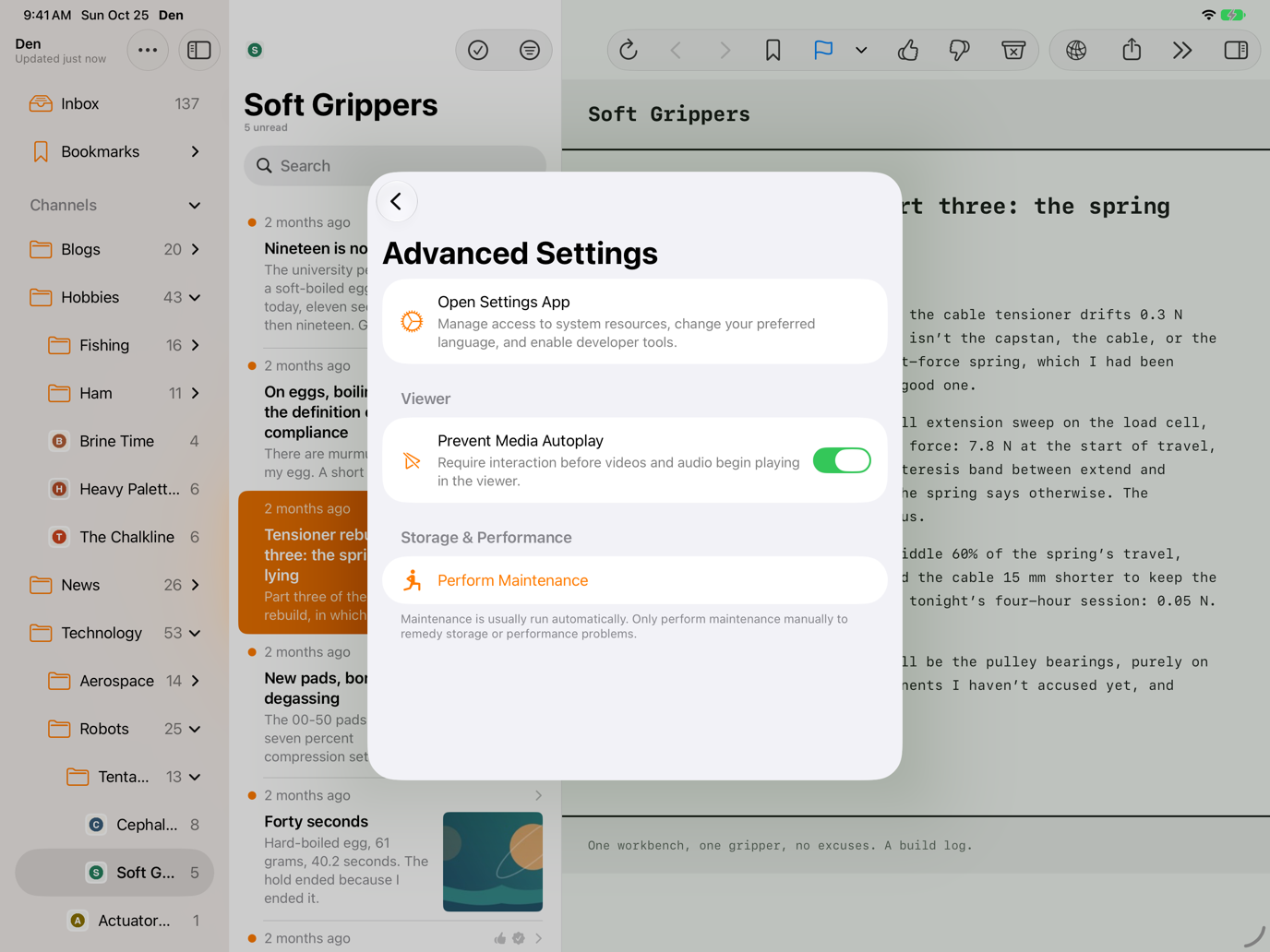 Advanced Settings sheet with the Open Settings App row, the Viewer section's Prevent Media Autoplay toggle, the Language Support links, and the Storage and Performance section's Perform Maintenance button.
