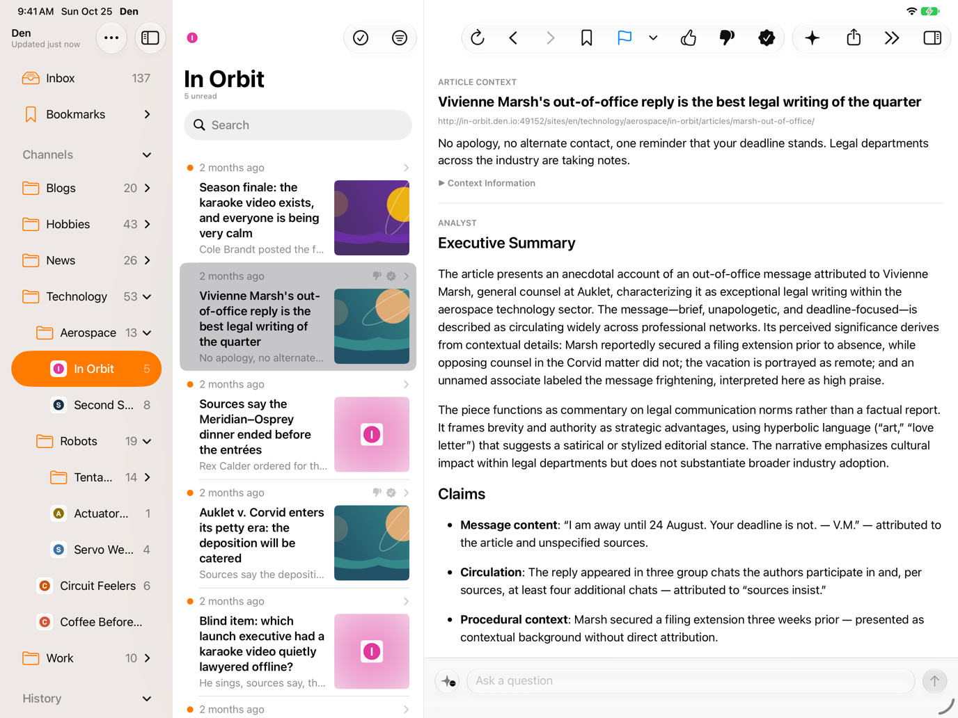 Analyst viewer mode showing a generated assessment of the open article, with the sidebar and article list alongside.