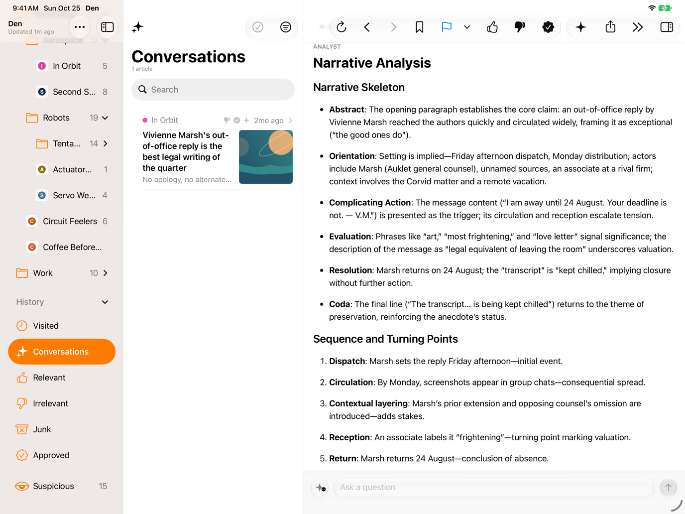 Conversations panel selected in the sidebar's History section, listing previous assessments.