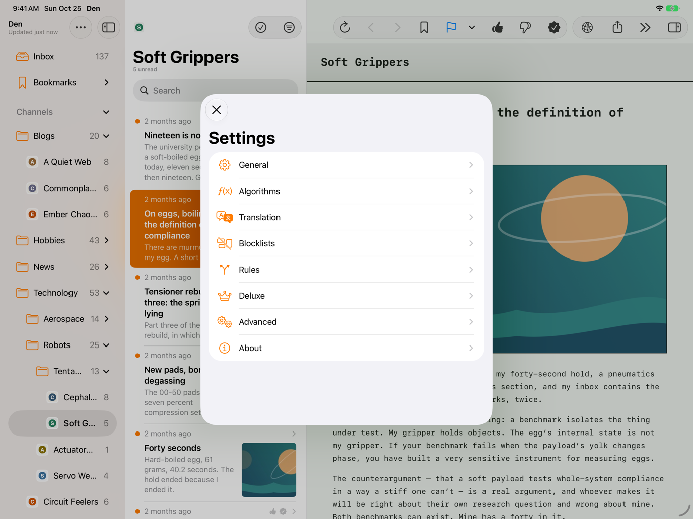 Settings sheet listing General, Algorithms, Translation, Blocklists, Rules, Deluxe, Advanced, and About.