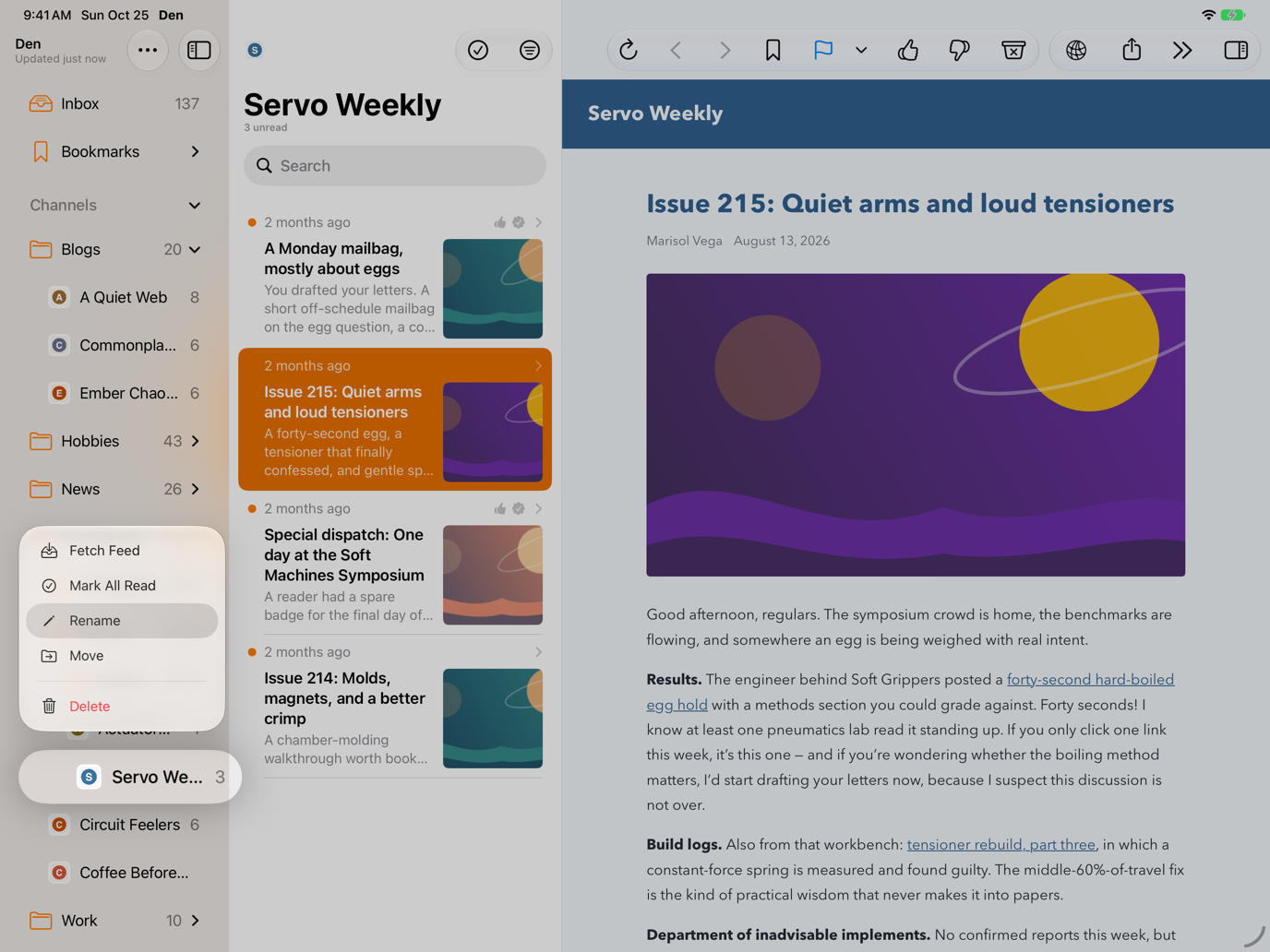 Long-press menu on a channel in the sidebar listing Fetch Feed, Mark All Read, Rename, Move, and Delete.