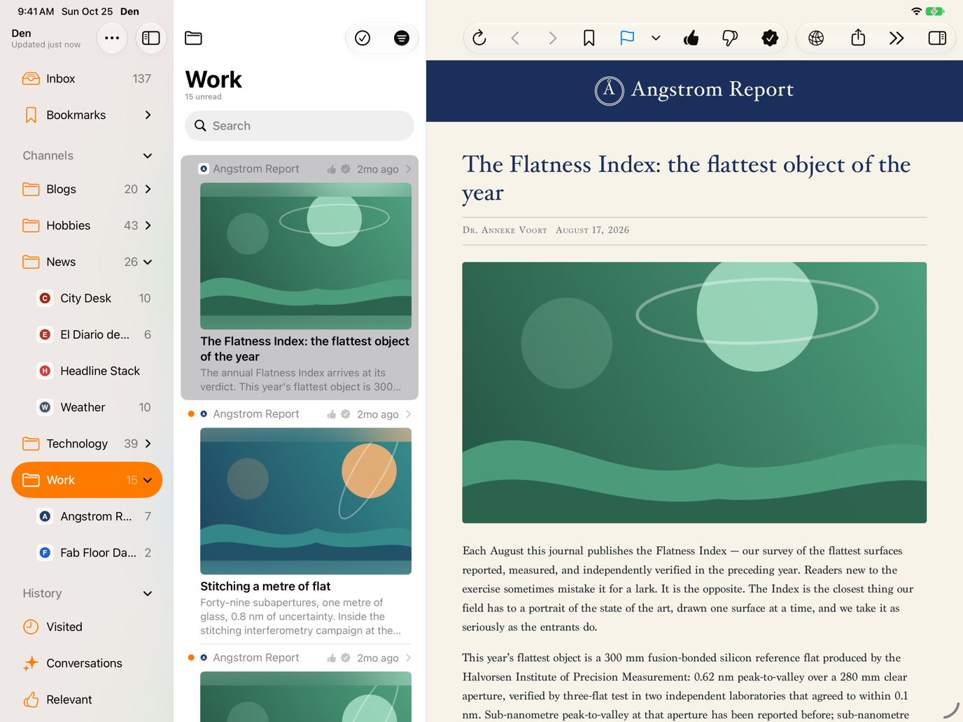 Inbox with large previews between the sidebar and an open article.