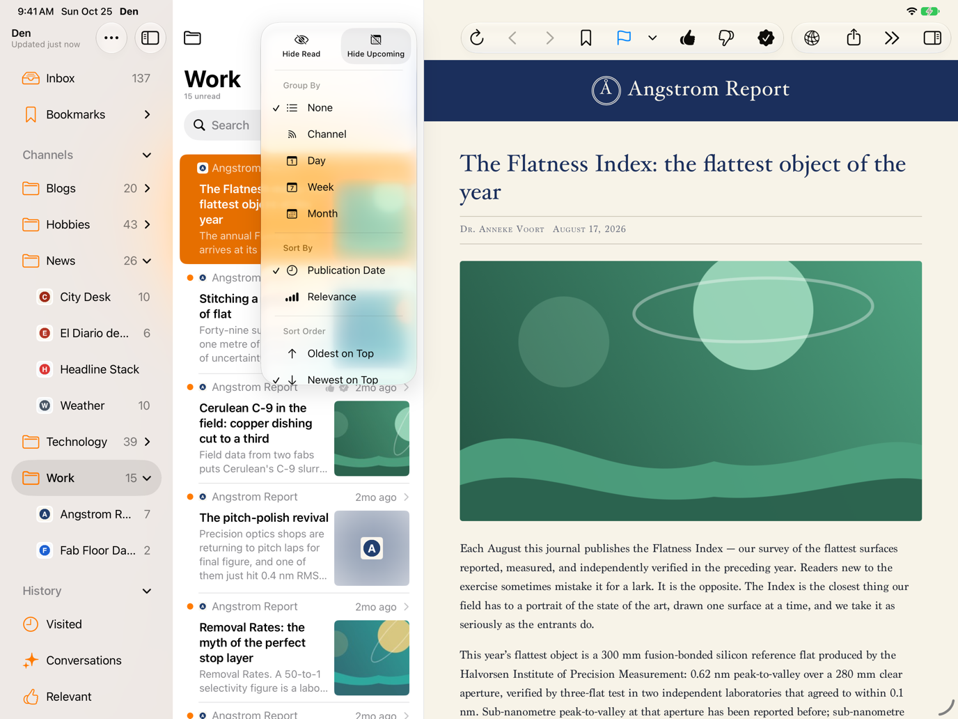 Inbox Options menu open from the content column toolbar, showing the Hide Read and Hide Upcoming filters, Group By, Sort By, Preview Size, and Mark Read on Scroll, with the sidebar and an open article alongside.