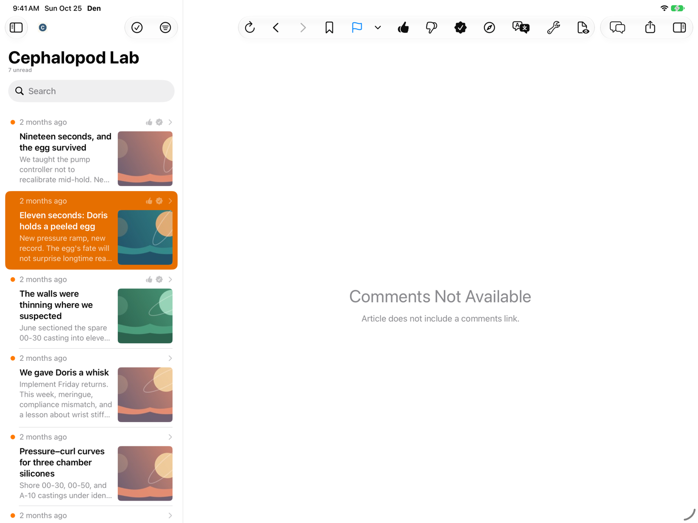 Comments viewer mode filling the screen with the sidebar collapsed and the inspector hidden.