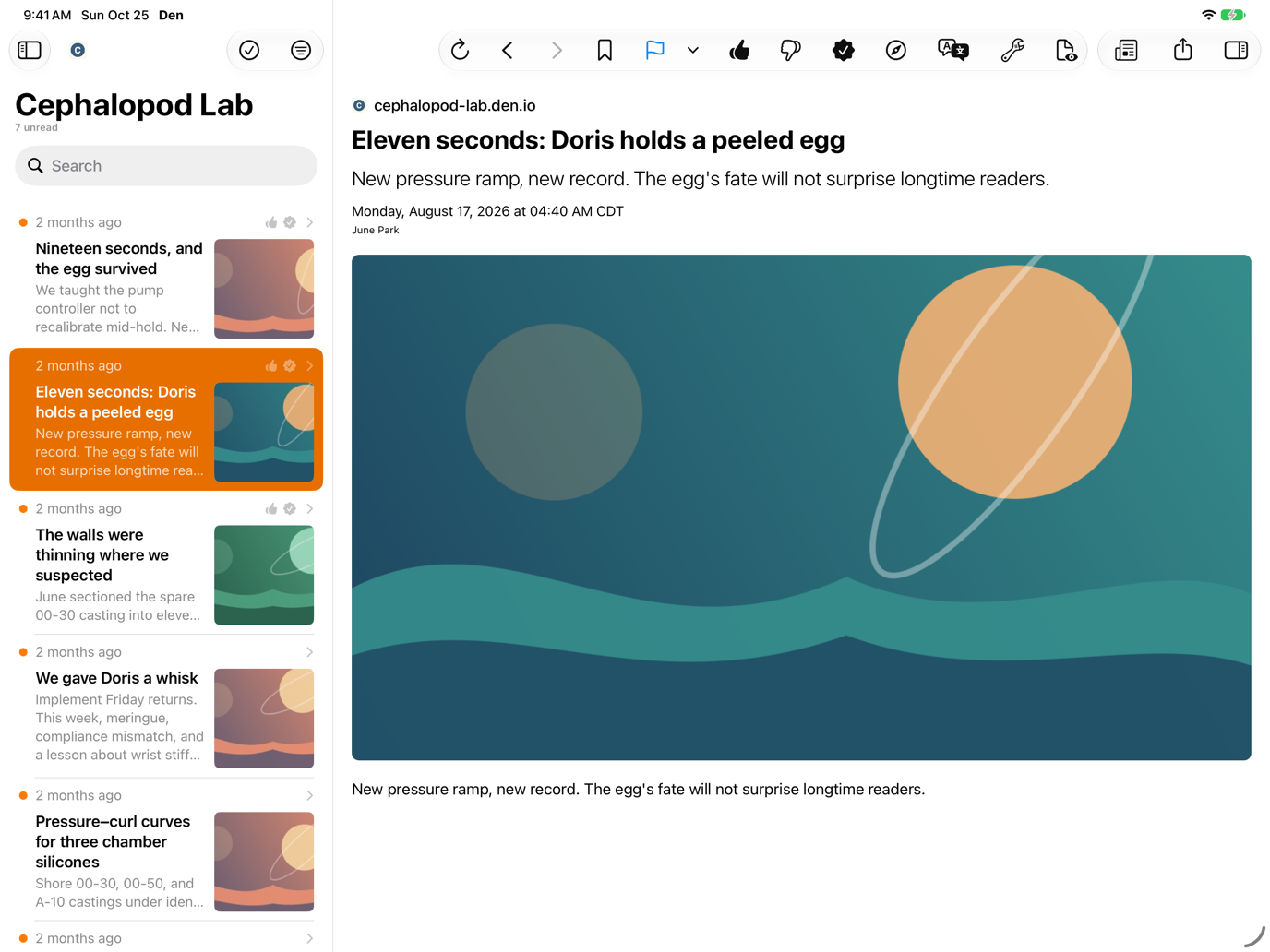 Content viewer mode showing the feed-provided article text, filling the screen with the sidebar collapsed and the inspector hidden.
