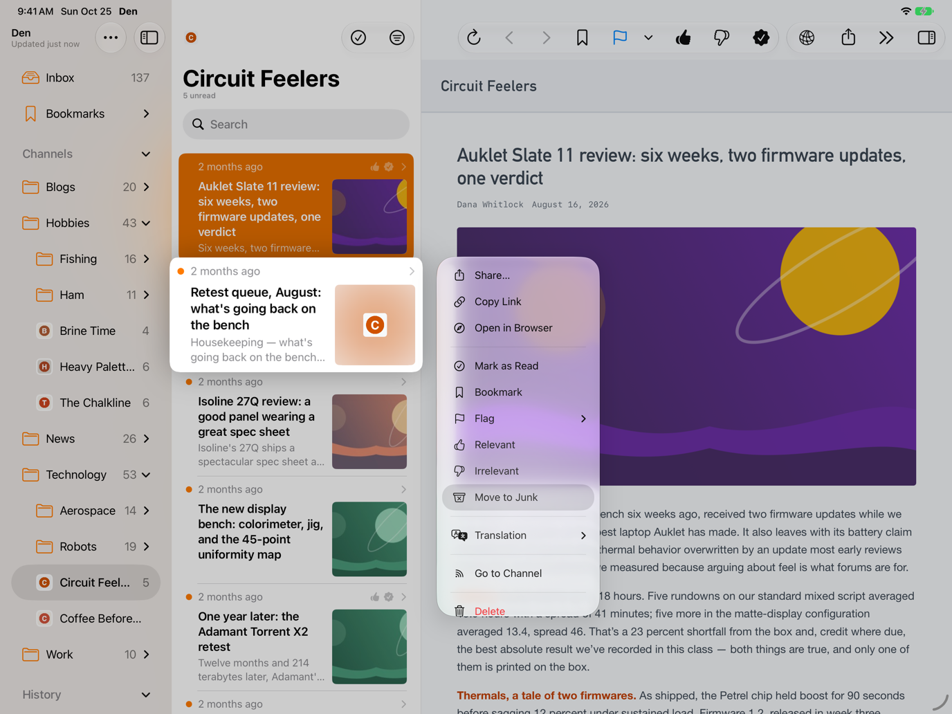 Long-press menu on an article preview with Move to Junk listed among the article actions.