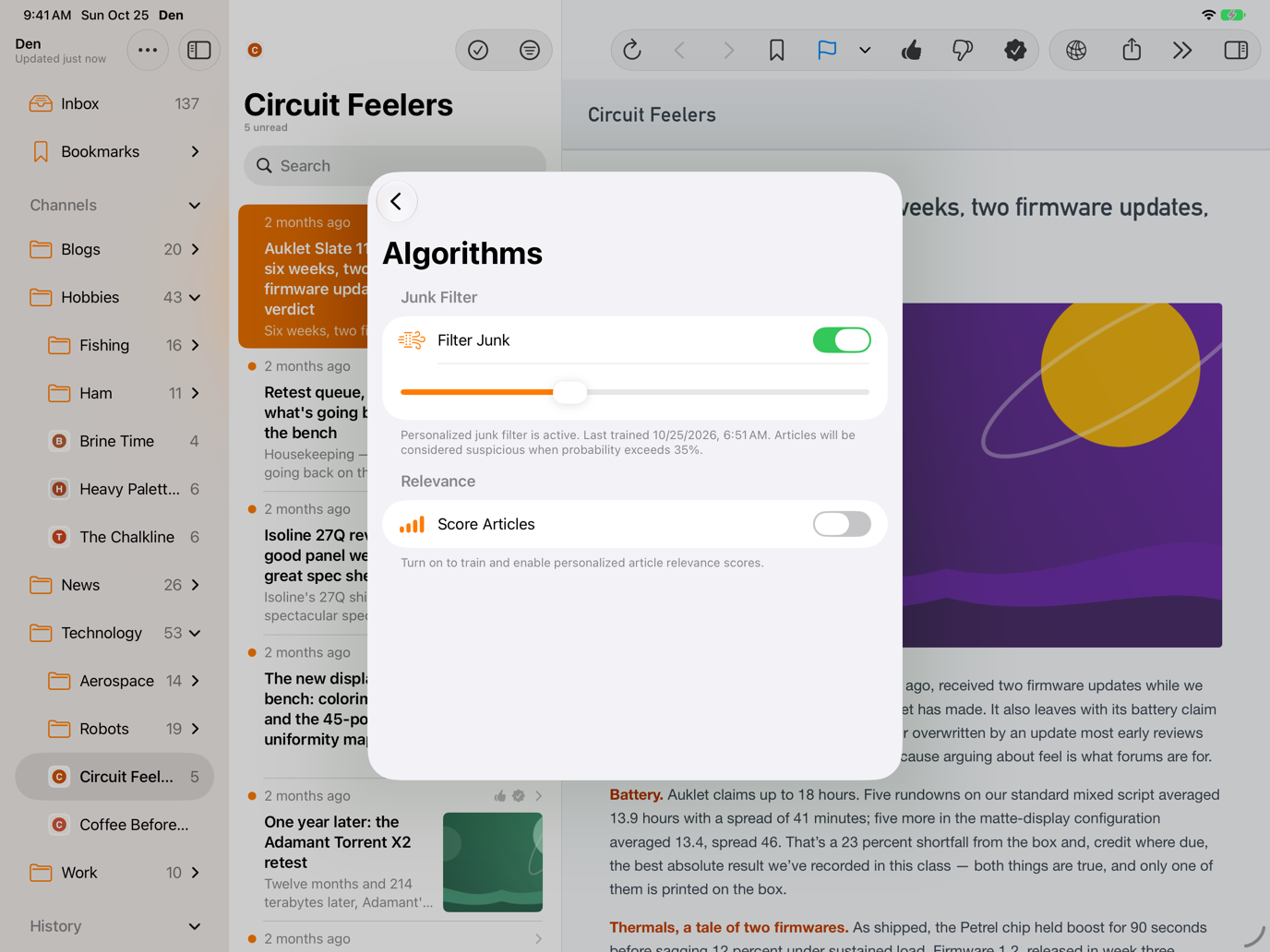 Algorithms settings sheet with the Junk Filter section's Filter Junk toggle on and the Threshold slider below it.