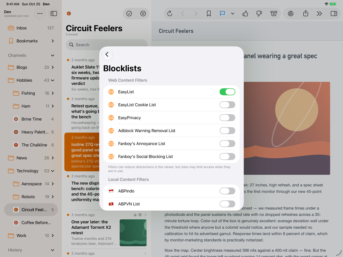 Blocklists settings sheet with a filter list enabled.