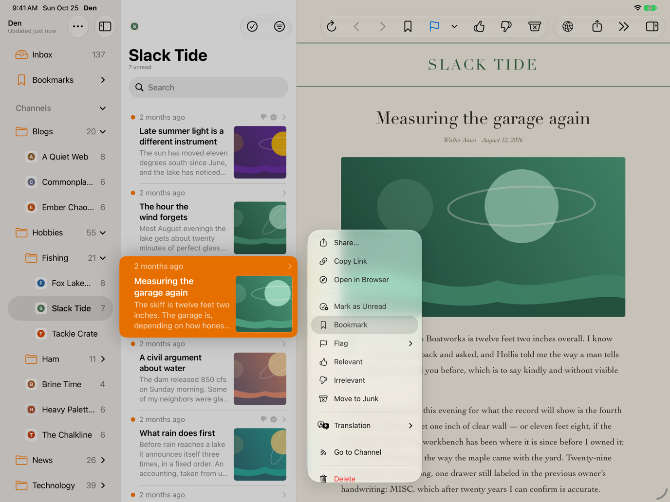 Long-press menu on an article preview listing Share, Copy Link, Open in Browser, Mark as Read, Bookmark, Flag, Relevant, Irrelevant, Move to Junk, Translation, Go to Channel, and Delete.