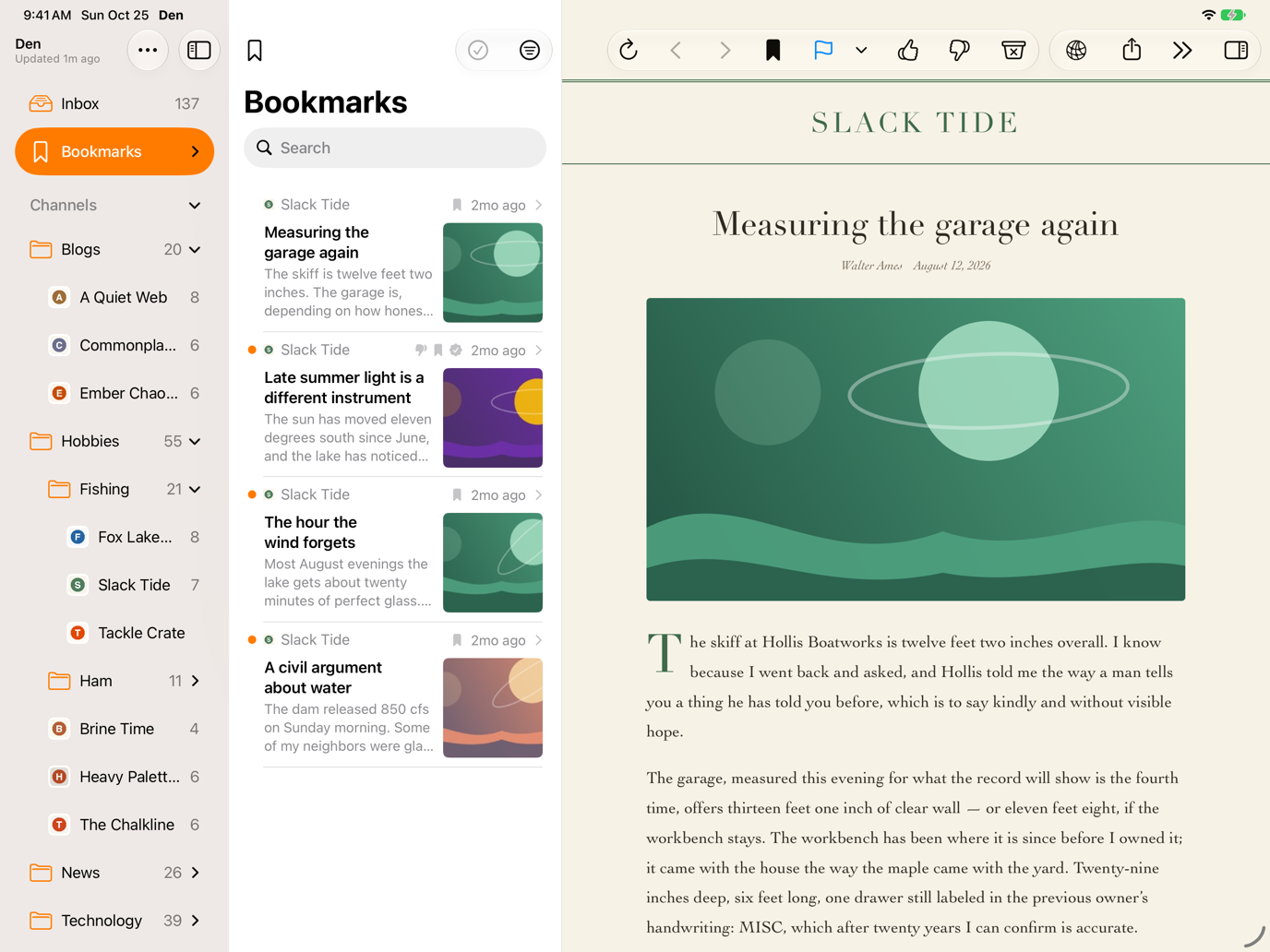Bookmarks panel selected in the sidebar, showing saved articles.