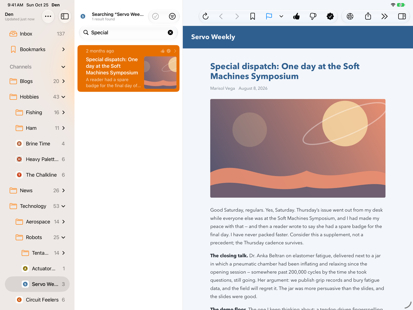 Search field at the top of the article list with matching articles shown, between the sidebar and an open article.