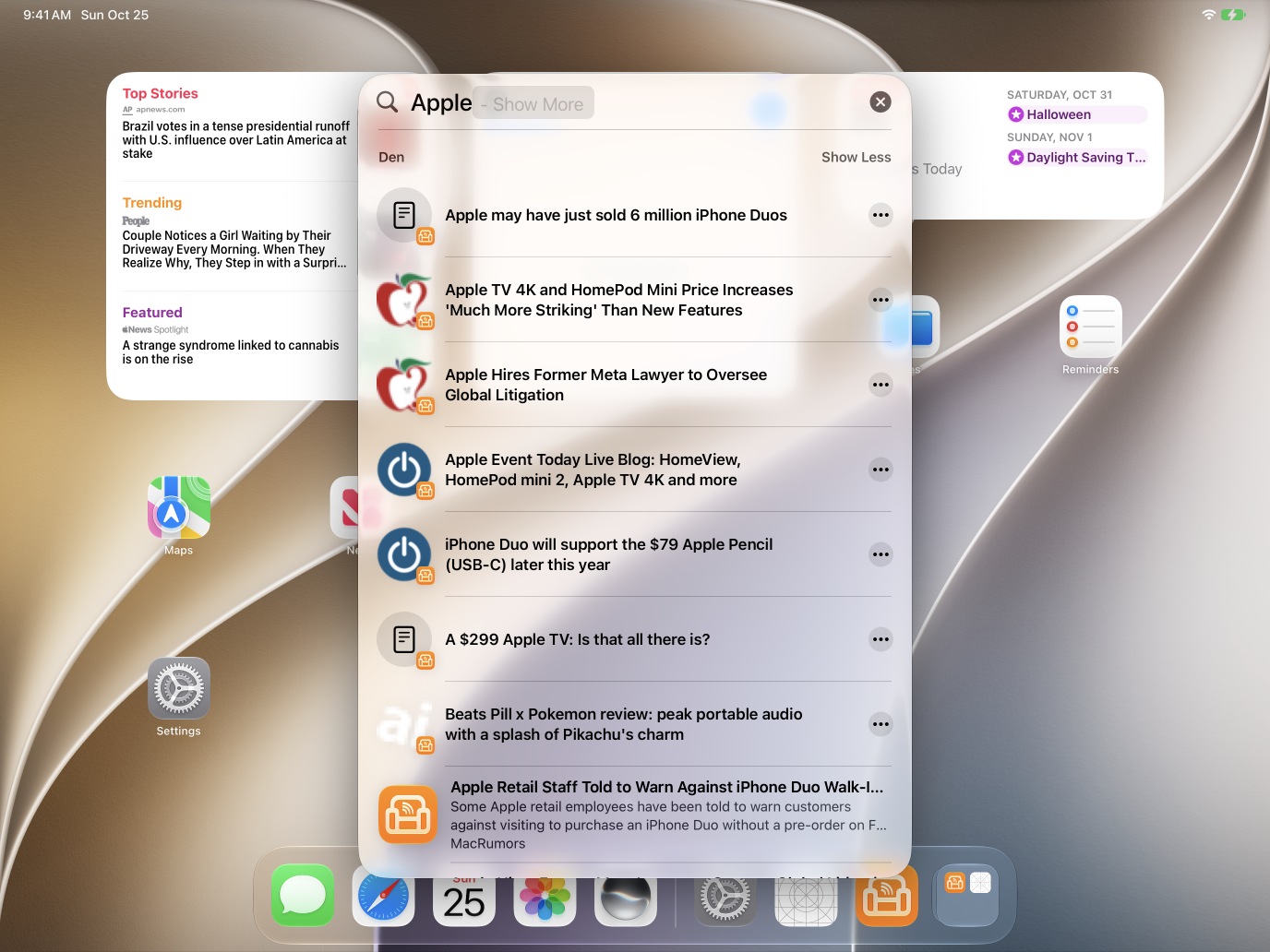 Spotlight on iPad showing a Den article result.