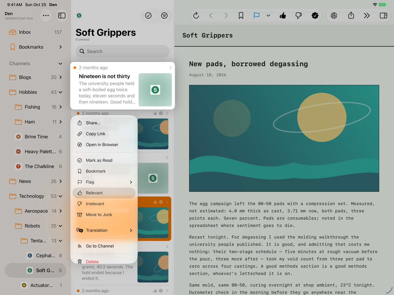 Long-press menu on an article preview with the Relevant and Irrelevant rating options listed.