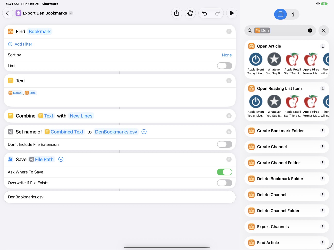 Shortcuts app on iPad with a Den bookmark export action configured.