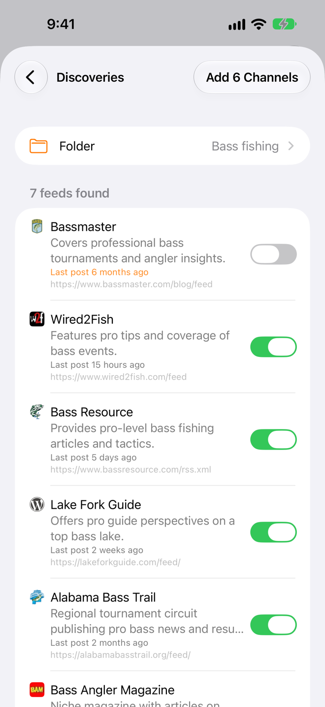 Explore Feeds sheet discoveries stage for the 'Pro bass fishing' query.