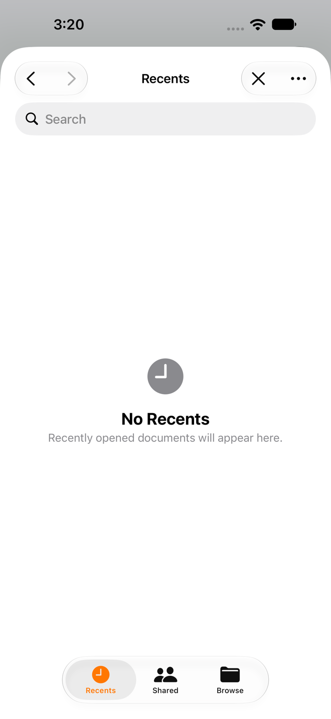 Files browser sheet for choosing an OPML file to import.