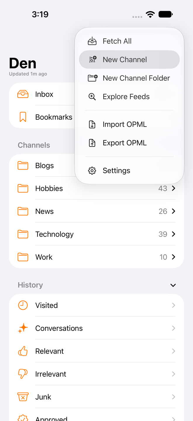 Sidebar toolbar More menu open, listing Fetch All, New Channel, New Channel Folder, Explore Feeds, Import OPML, Export OPML, and Settings.
