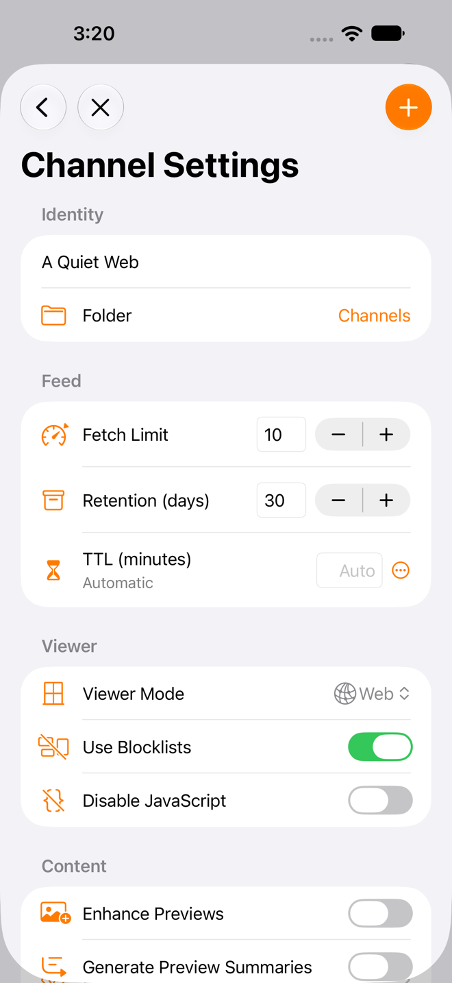 New Channel sheet configuration screen.