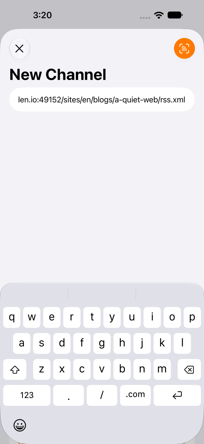 New Channel sheet with the URL entry field and Find Feeds button.