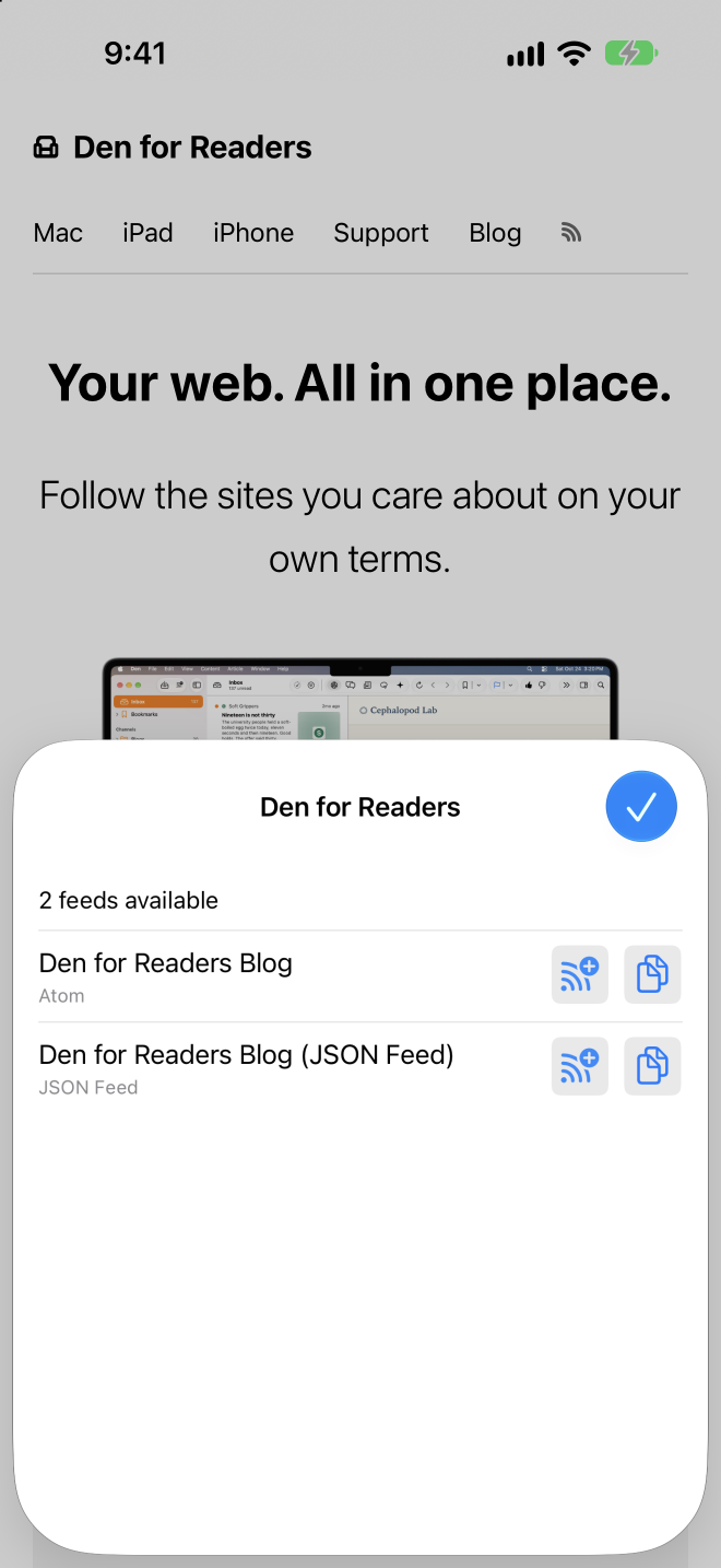 Den for Readers extension sheet in Safari on iPhone listing the feeds found on a page, each with an Add to Den button.