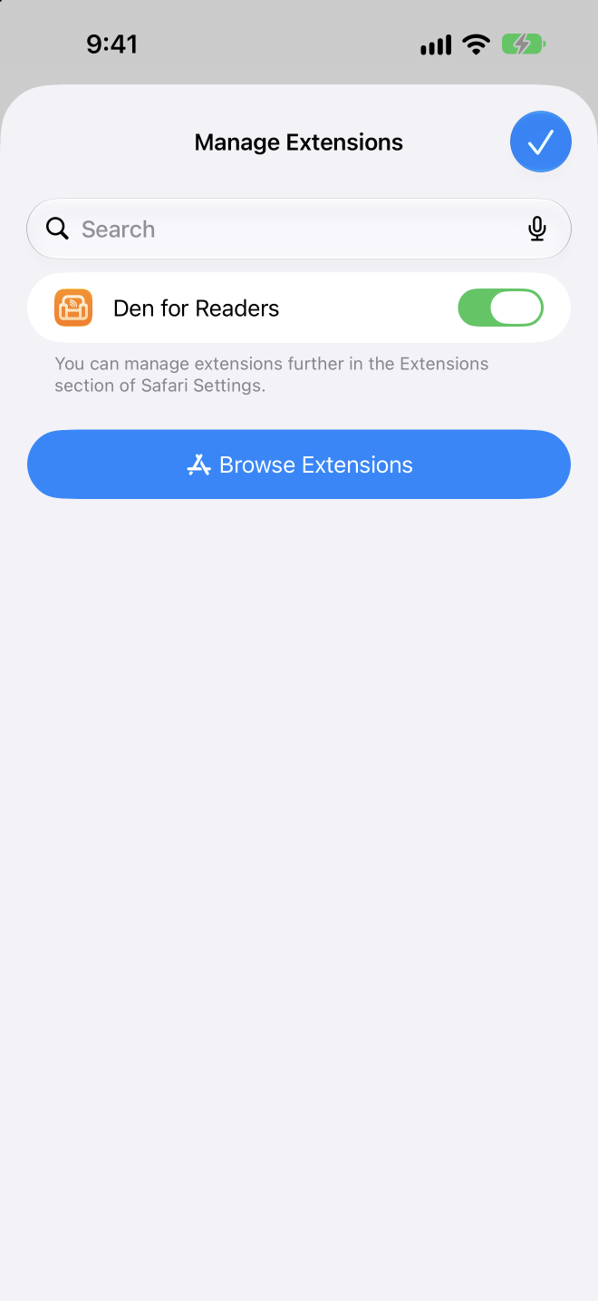 Safari extensions screen in the Settings app with Den for Readers turned on.