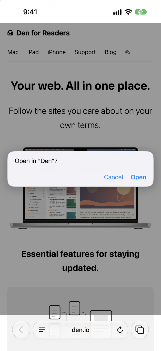 RSS link on a simulated webpage in Safari on iPhone.