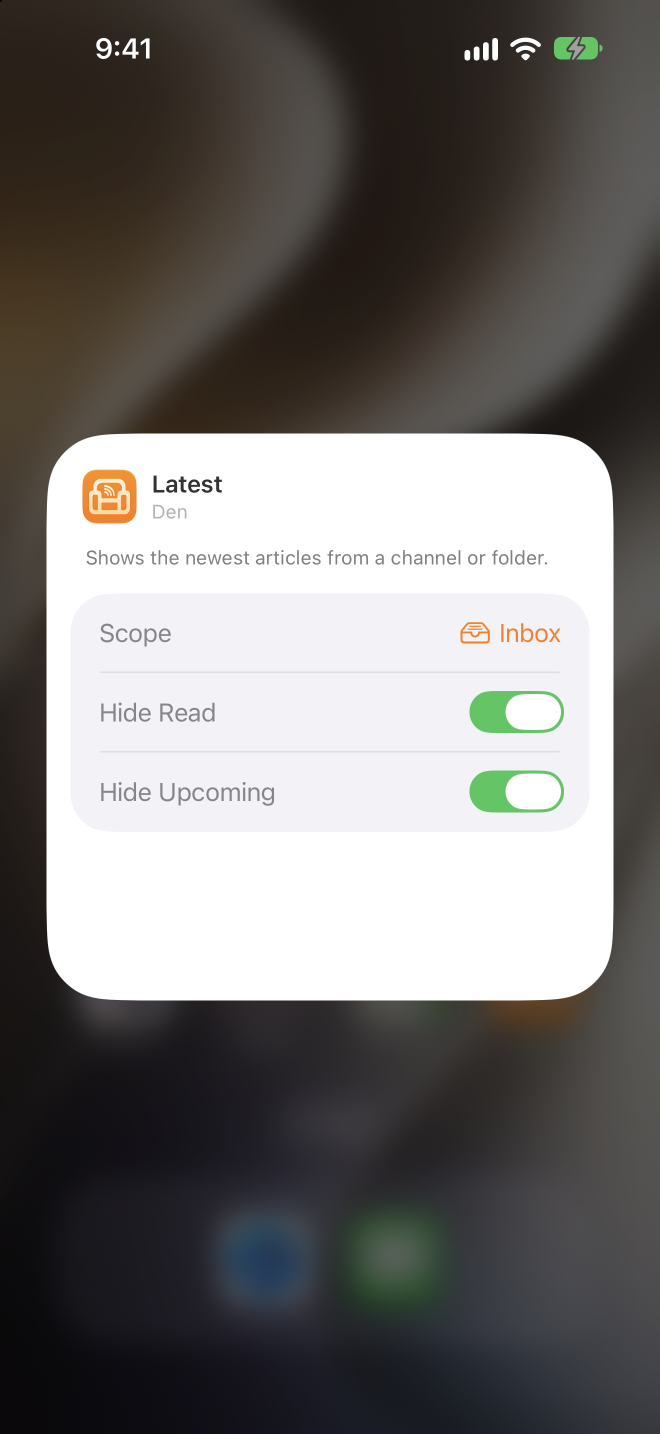 Latest widget configuration with Scope set to a channel folder and the Hide Read and Hide Upcoming toggles on.