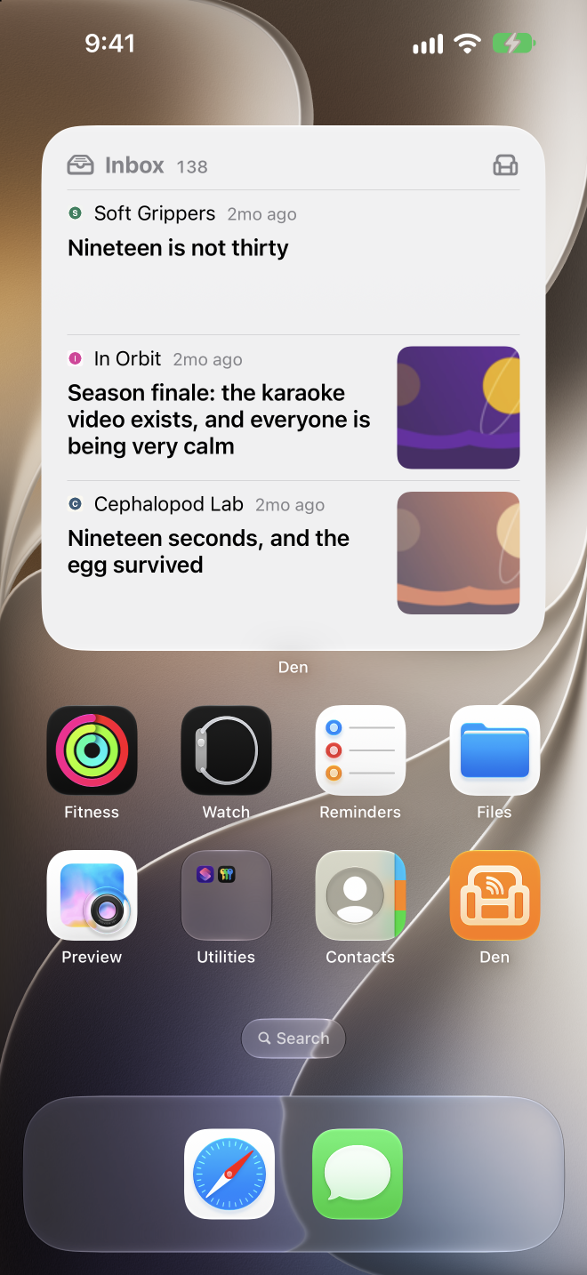 Den Latest widget on the iPhone Home Screen listing recent articles from a channel folder.