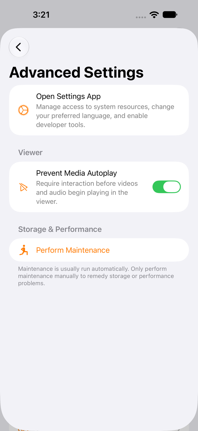 Advanced Settings screen with the Open Settings App row, the Viewer section's Prevent Media Autoplay toggle, the Language Support links, and the Storage and Performance section's Perform Maintenance button.