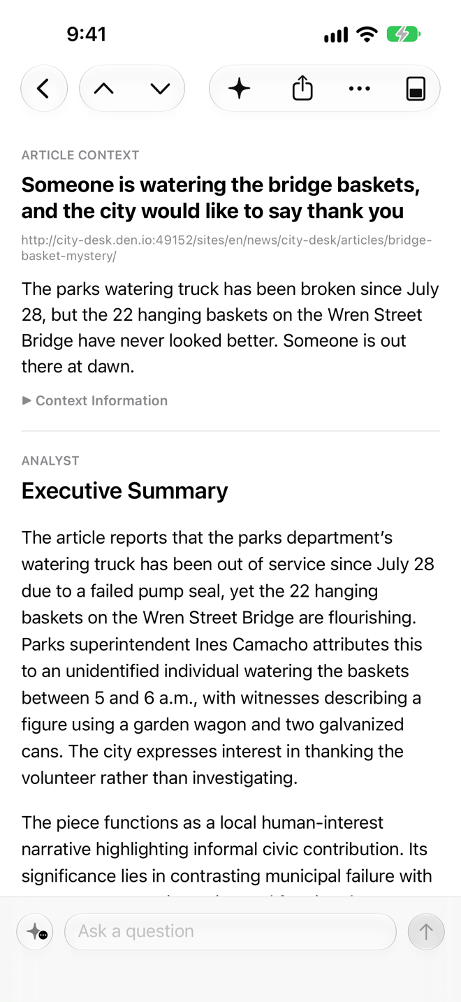Analyst viewer mode showing a generated assessment of the open article.