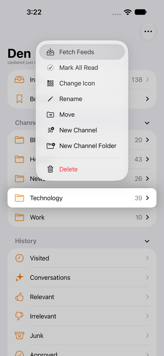 Long-press menu on a channel folder in the sidebar listing New Channel, Fetch Feeds, Mark All Read, Rename, Move, Change Icon, and Delete.