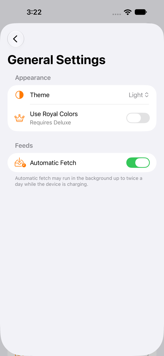 General Settings screen with the Appearance section's Theme picker and Use Royal Colors toggle, and the Feeds section's Automatic Fetch toggle.
