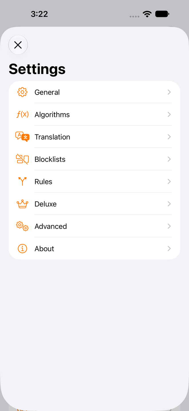 Settings sheet listing General, Algorithms, Translation, Blocklists, Rules, Deluxe, Advanced, and About.