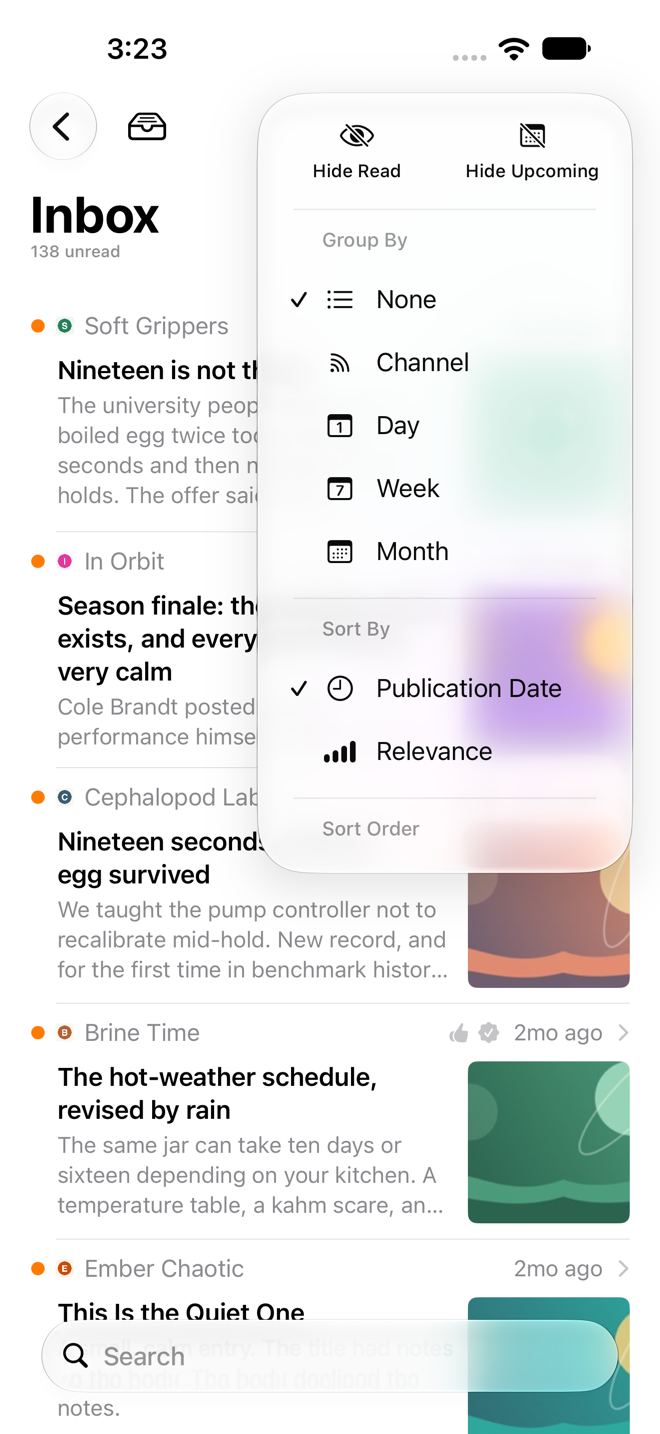 Den on iPhone inbox with options menu open screenshot