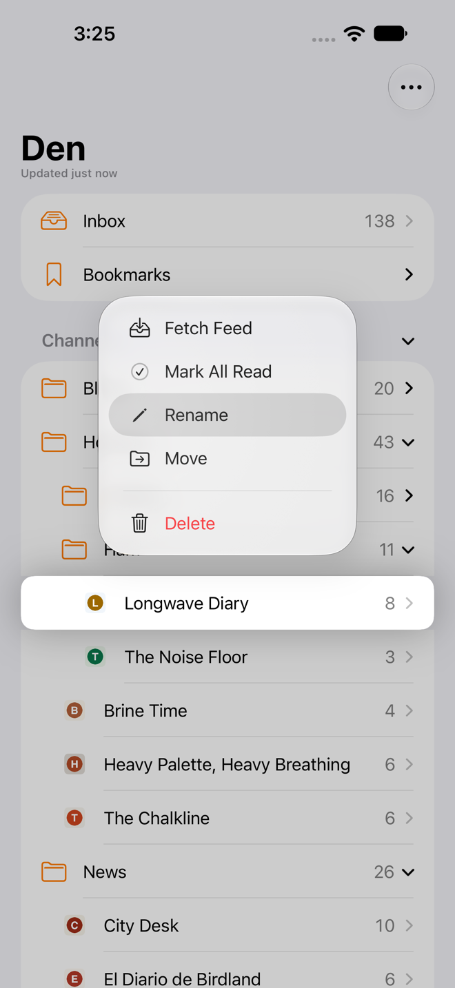 Long-press menu on a channel in the sidebar listing Fetch Feed, Mark All Read, Rename, Move, and Delete.