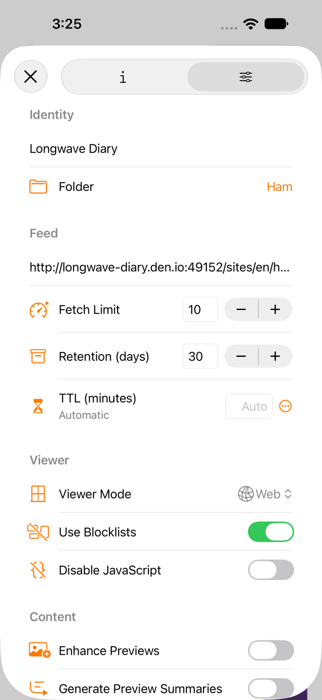 Channel's articles with the inspector sheet showing the channel's Settings tab.