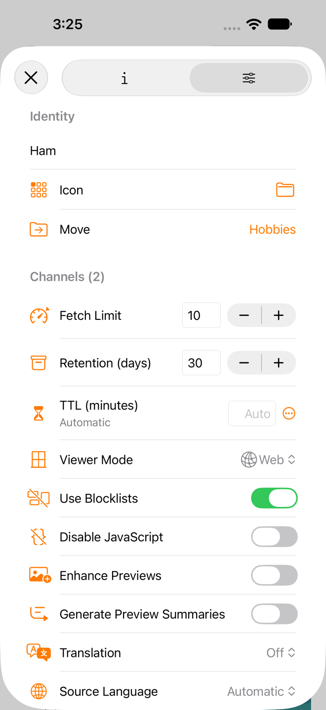 Channel folder's articles with the inspector sheet showing the folder's Settings tab, whose options apply to every channel inside.