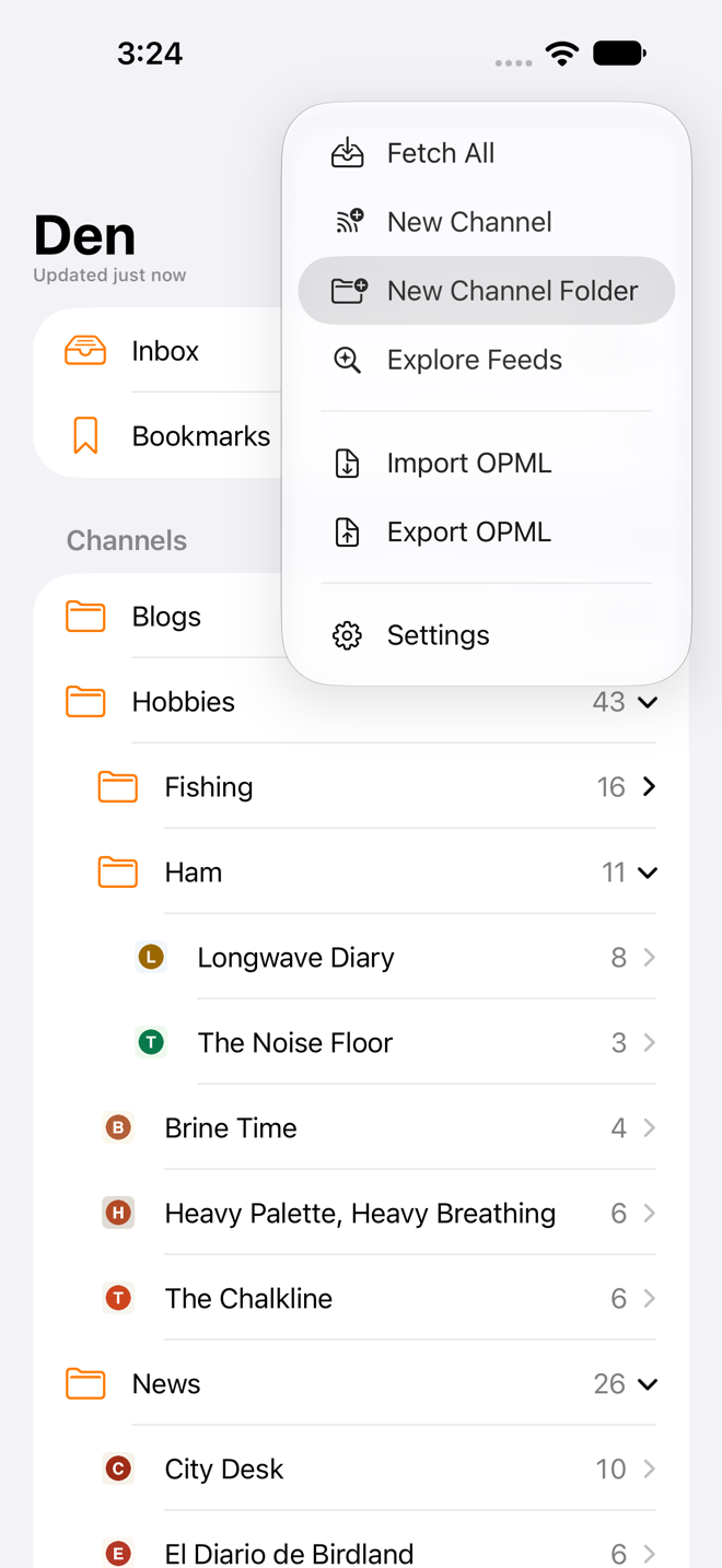 Sidebar toolbar More menu open with New Channel Folder listed below New Channel.