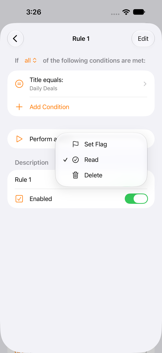 Rule editor showing the action picker.