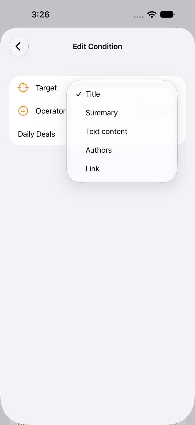 Rule editor showing condition options with 'Daily Deals' entered as the condition test value.