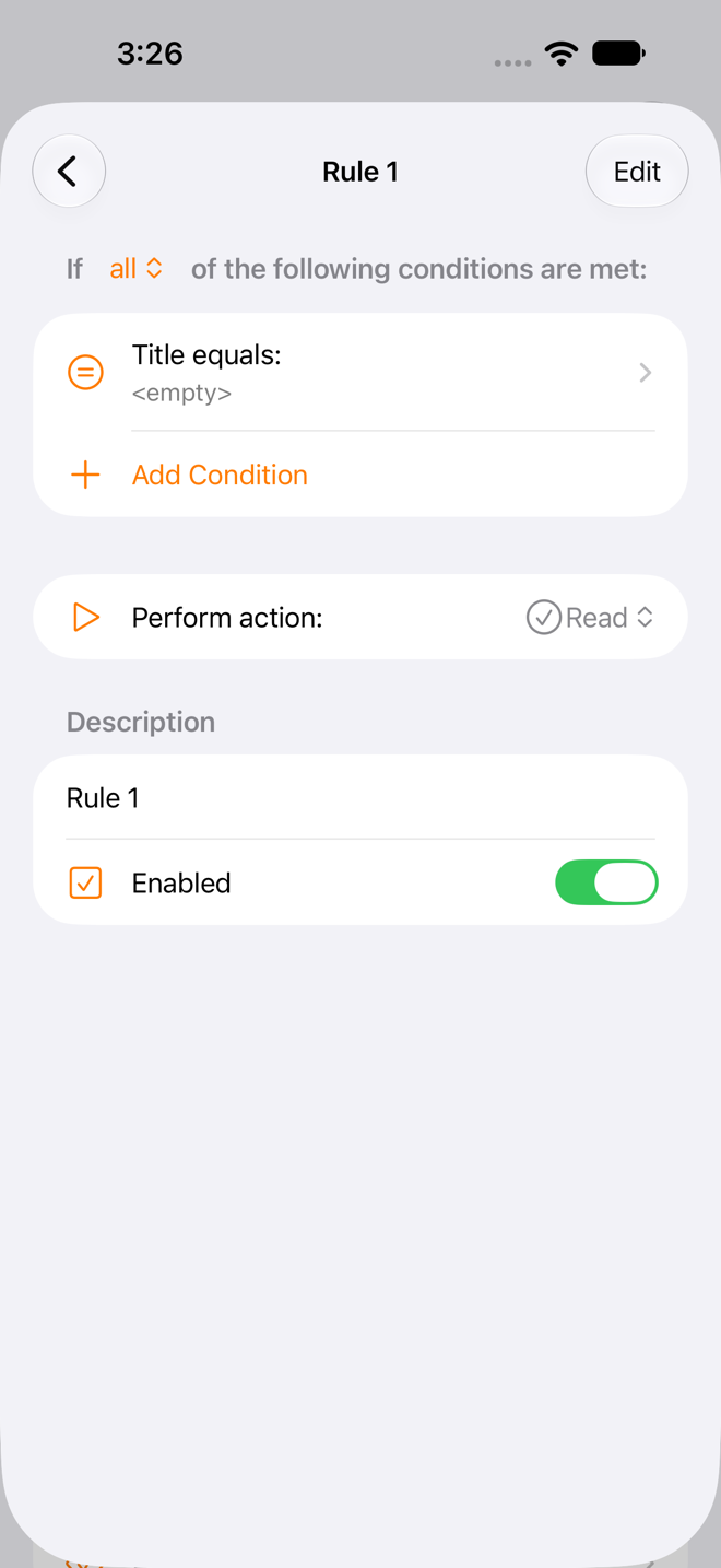 Rules settings screen with the editor open for a new rule.