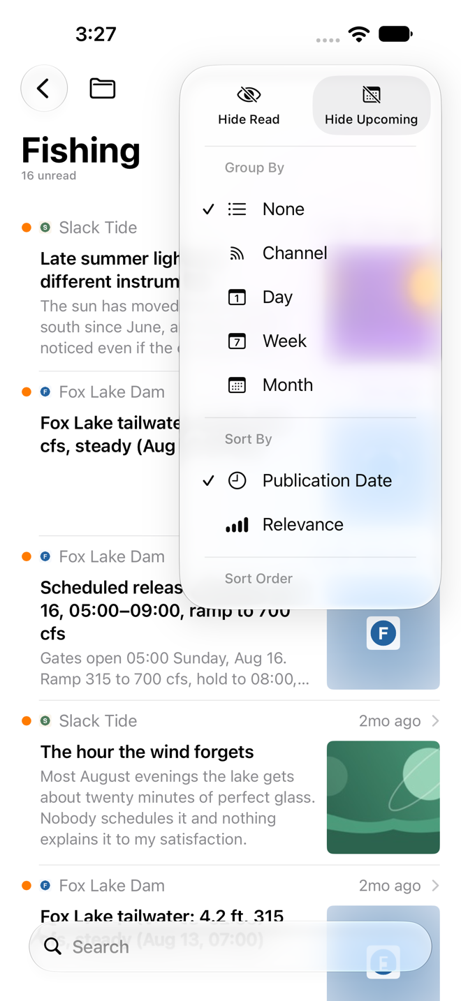 Inbox with the Options menu open, showing the Hide Read and Hide Upcoming filters, Group By, Sort By, Preview Size, and Mark Read on Scroll.