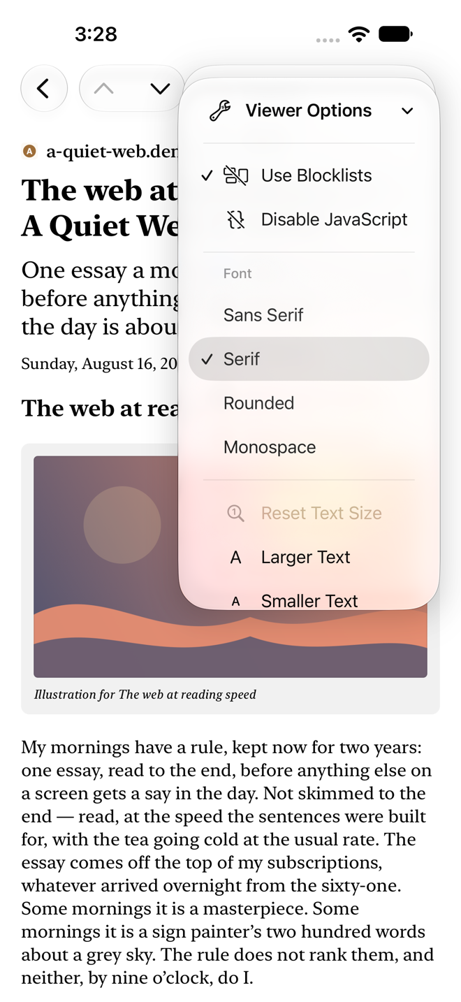 Viewer Options menu open from the detail toolbar, listing Use Blocklists, Disable JavaScript, the font family picker, and the text size controls.