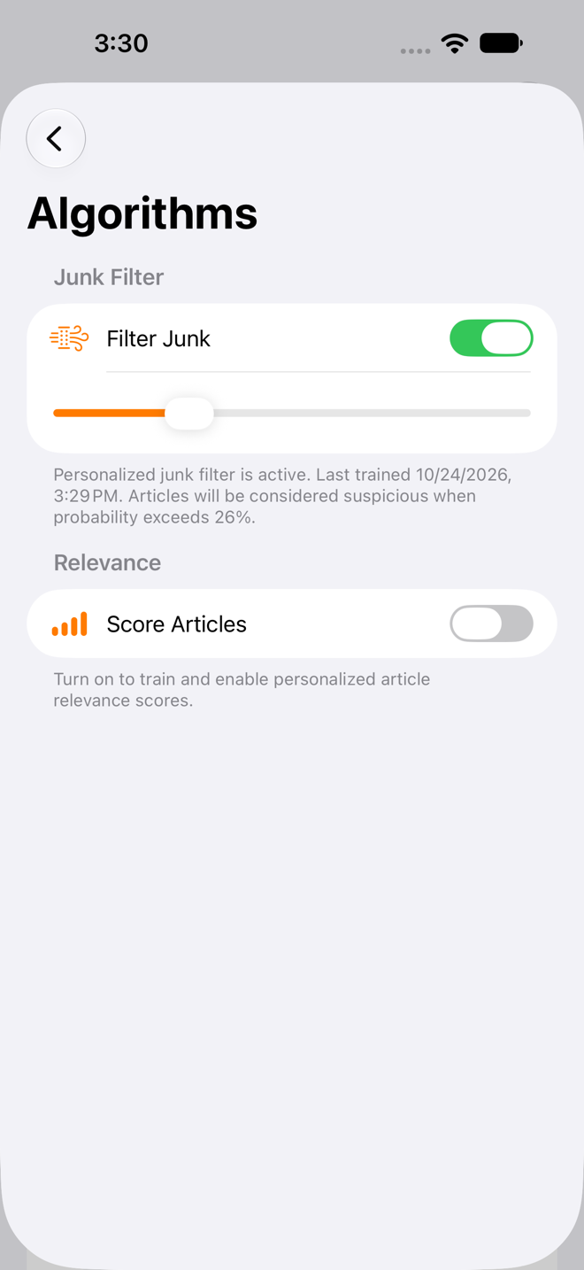 Algorithms settings screen with the Junk Filter section's Filter Junk toggle on and the Threshold slider below it.