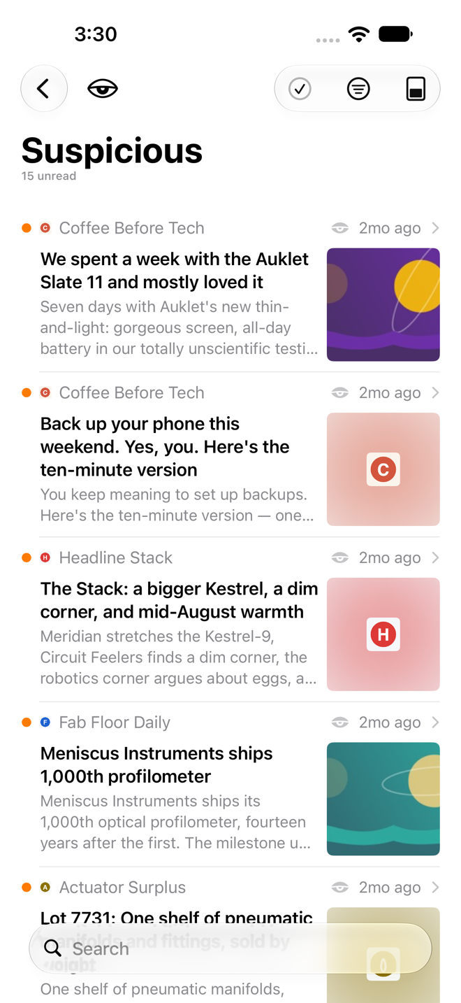 Suspicious panel listing articles held back by the junk filter.