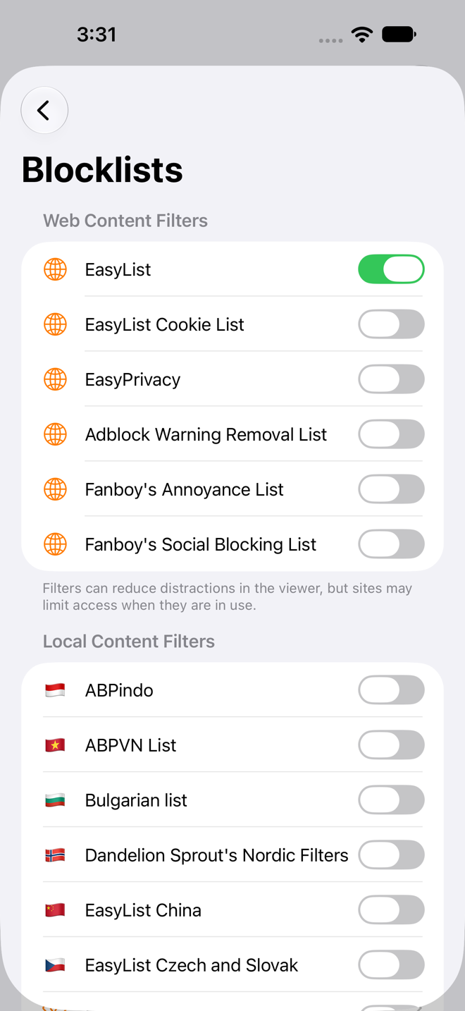 Blocklists settings screen with a filter list enabled.